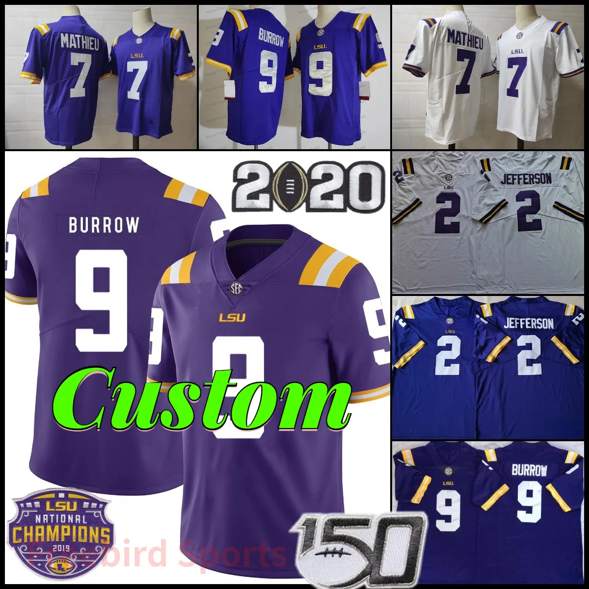 LSU TigersフットボールジャージJoe Burrow Burrow Jersey Chase Tyrann Mathieu Peterson Leonard Fournette Odell Beckham Jr. Guice Tigers Jersey 150th Champion Custom