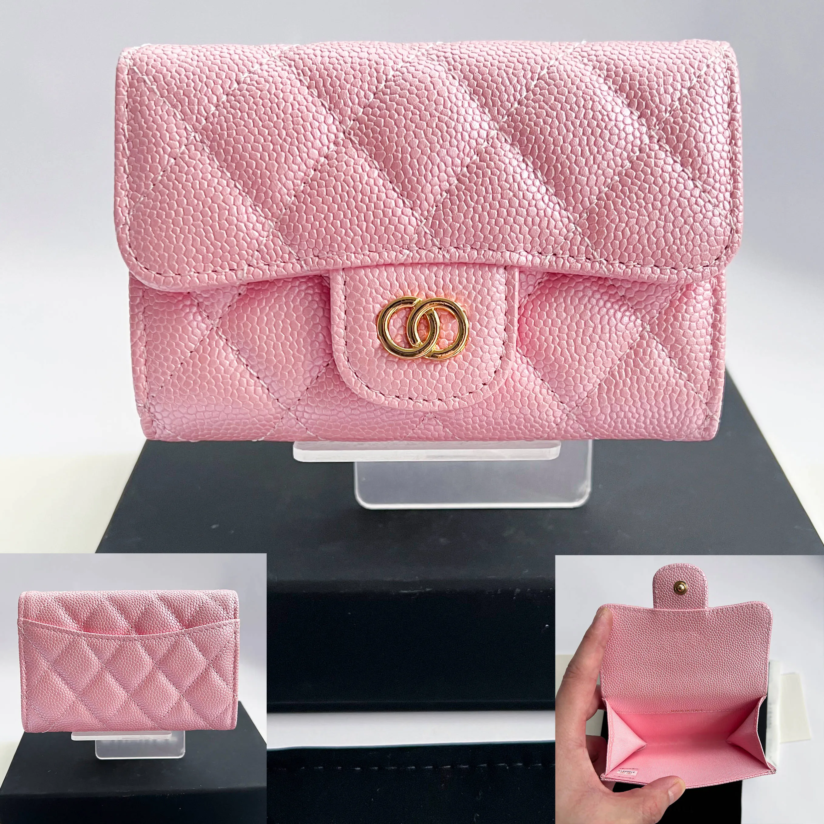 Luxury Pink Designer Genuine Leather Purses Wallet Caviar Mirror