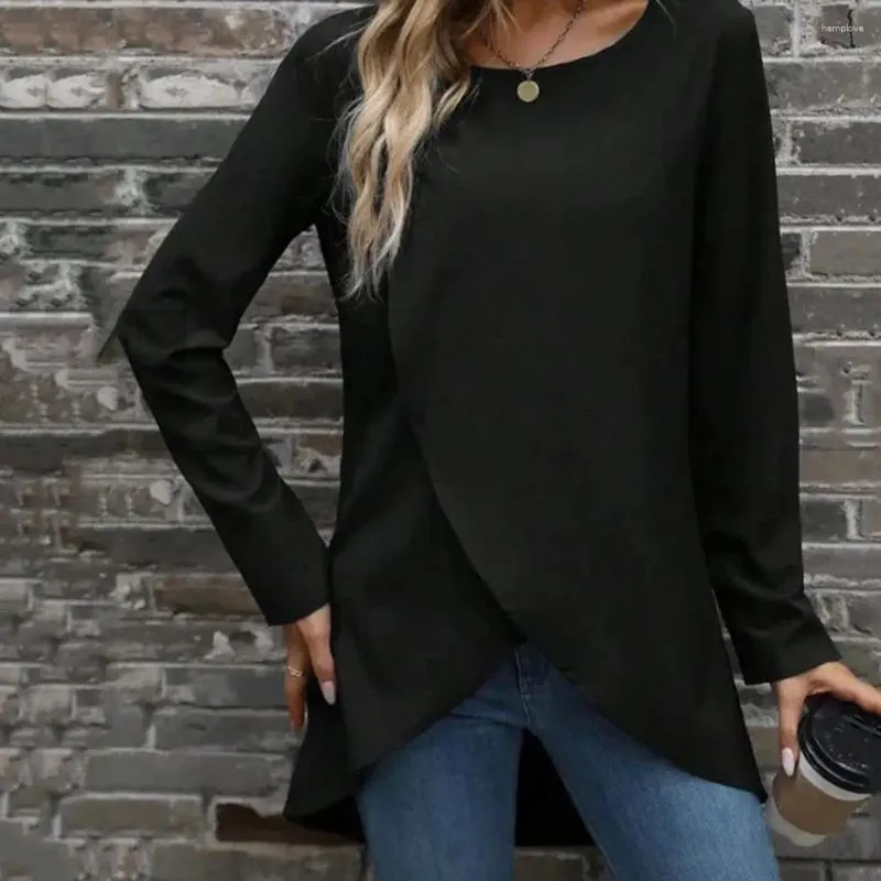 여성용 블라우스 여성 불규칙한 풀오버 탑 트렌디 한 소프트 텍스처 티셔츠 헴 라운드 목이 긴 슬리브 피겨 강화제