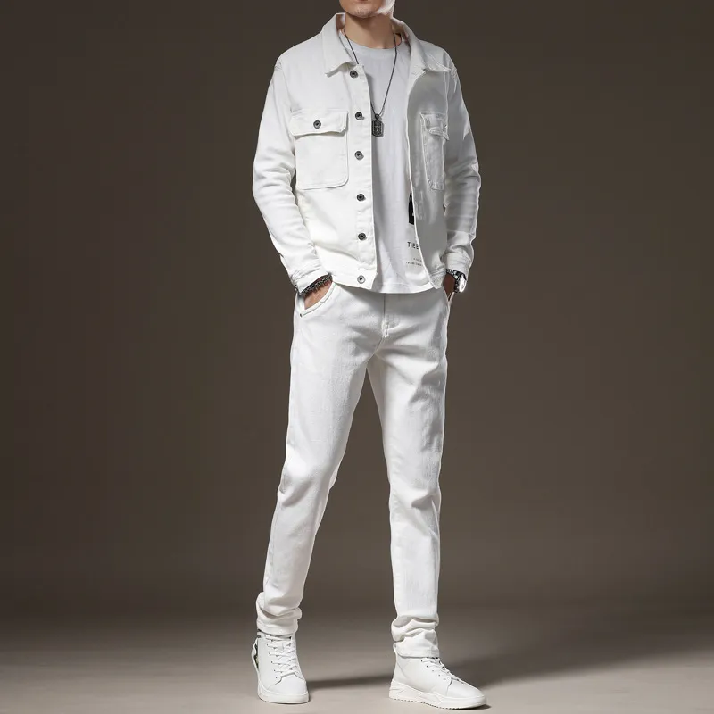 Simple White Tracksuits Bussiness Casual 2pcs Men's Pant Sets Spring Long Sleeve Denim Jacket and Jeans Fashion Slim Couple Jeans Set