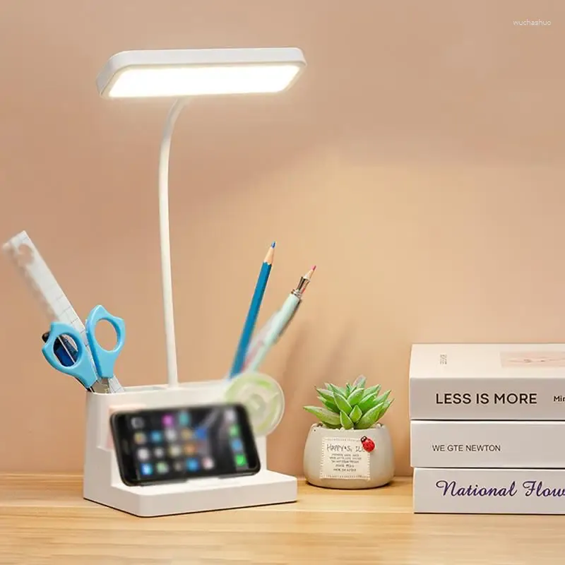 Tischlampen 3 Farben Augenschutz Schreibtischlampe LED mit Stift Aufbewahrungsbox Dimmbares intelligentes USB-Kabel für Studentenlesung