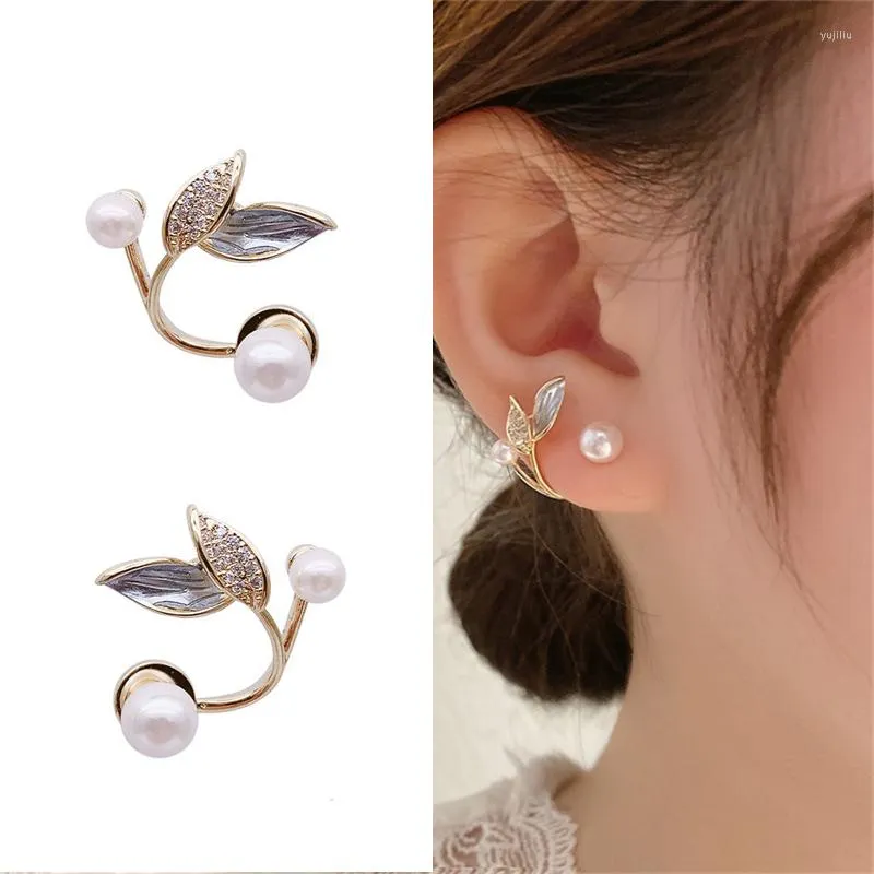 Boucles d'oreilles coréennes élégantes, feuilles suspendues au dos, perle pour femmes, luxe français, papillon, queue de poisson, fleur, Zircon, bijoux