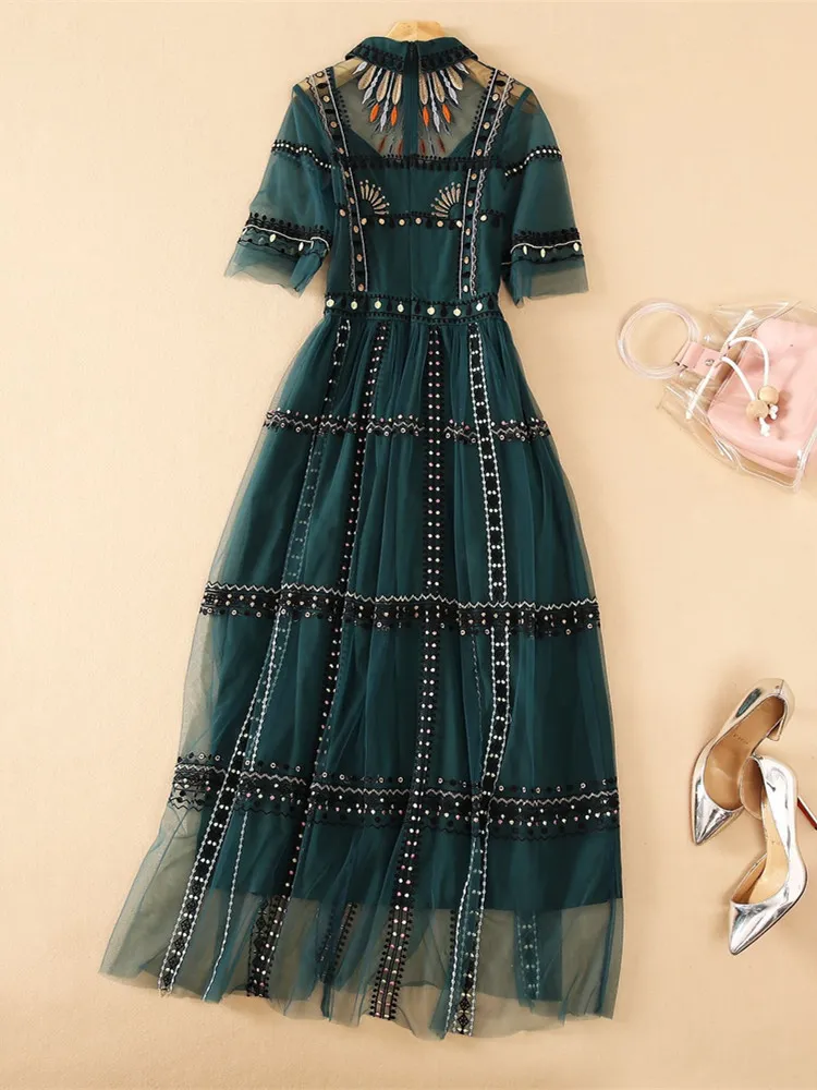 Casual Dresses Summer Runway Green Mesh Embroidery Dress Women's Short Sleeve Vintage Dot Embroidered Tulles Elegant Evening Party Long Vestido 230425 Casual Dresses Summer Runway Green Mesh Embroidery Dress Women's Short Sleeve Vintage Dot Embroidered Tulles Elegant Evening Party Long Vestido 230425