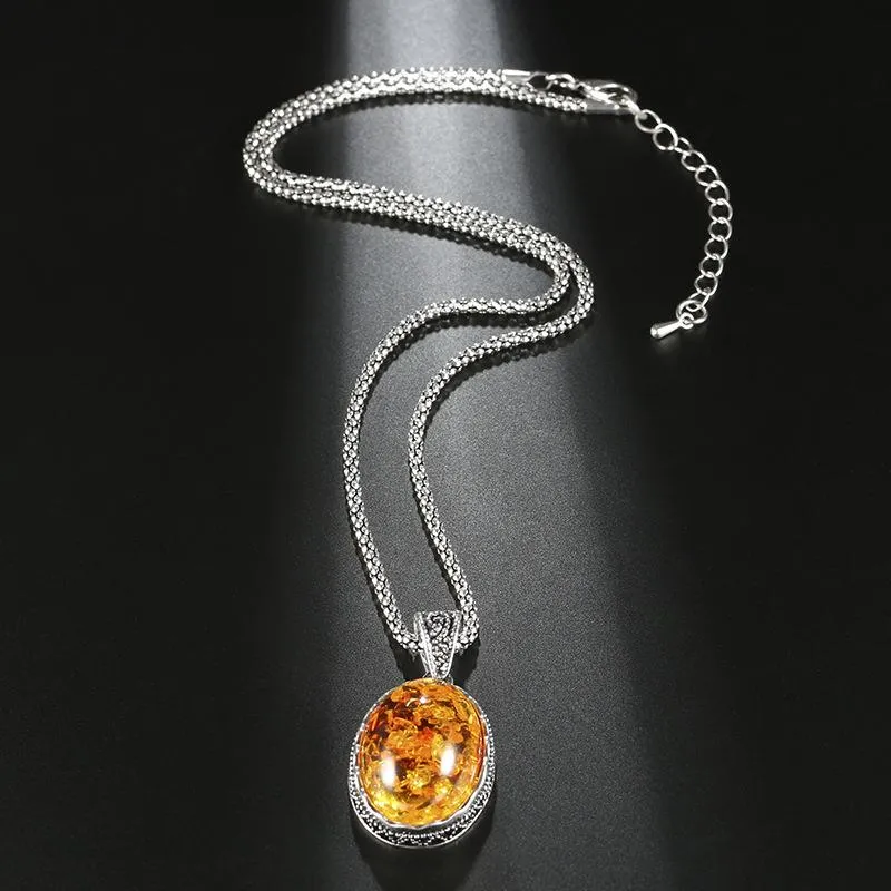 Naszyjniki wiszące wbmqda owalne kwiat symulowany Ambers Naszyjnik dla kobiet zabytkowy srebrny łańcuch ze stali nierdzewnej Buho Jewelrypendant