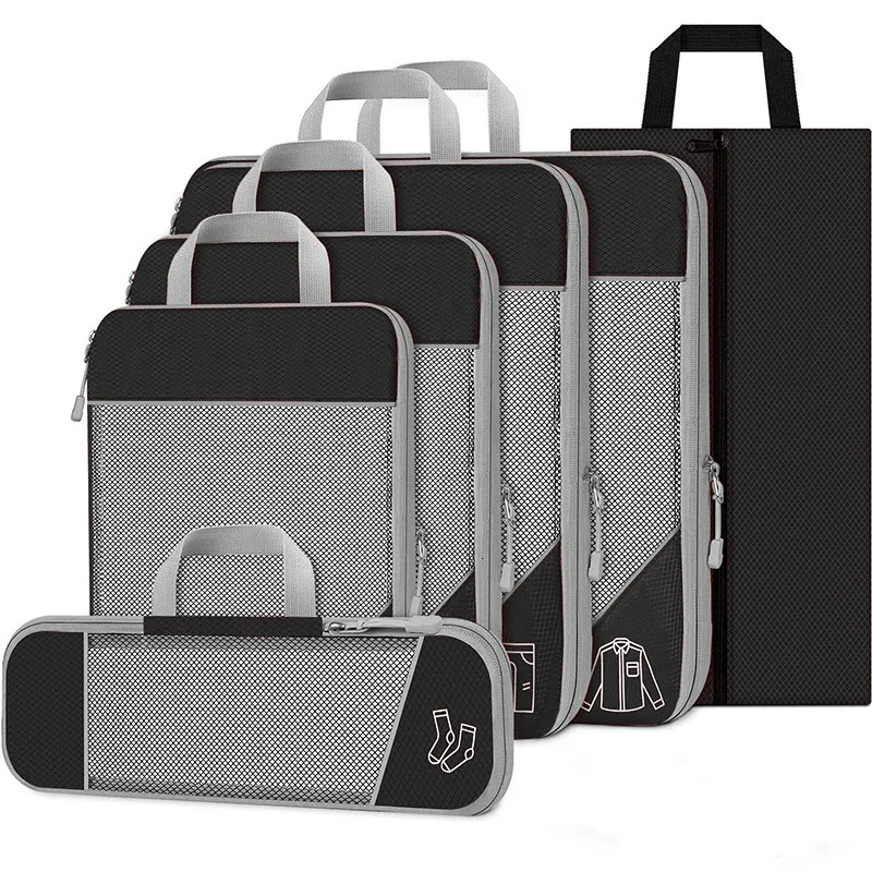 Gonex 6 STKS/SET Reizen Compressie Verpakking Cubes, Bagage Koffer Organizer Opknoping Opbergtas ECO Premium Mesh CX200822