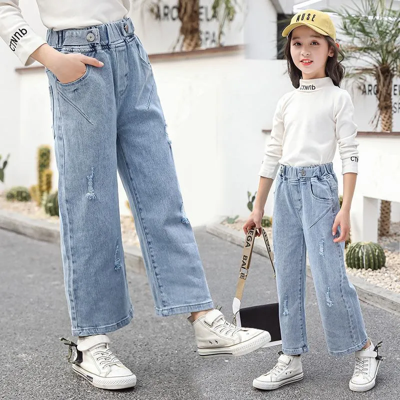 Cheap Fashion Girls Jeans Wide Leg Pants Spring Autumn Children's