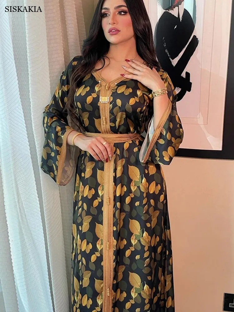 Ethnic Clothing Siskakia Elegant Ethnic Print Maxi Dress For Women Spring Autumn Muslim Jalabiya Dubai Moroccan Caftan Feminine Clothes 230425