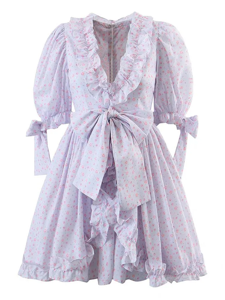 Vestidos Yenkye Mulheres vintage Sweet Bow Ruffle Lavanda Vestido Floral Print