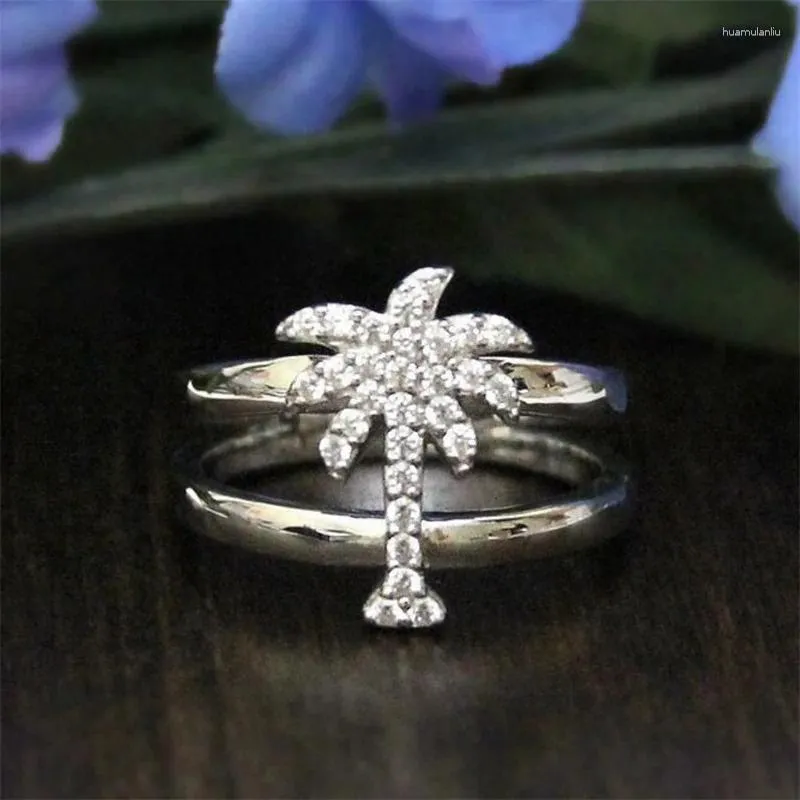 Bröllopsringar Attraktiva kvinnor Silverfärg Coconut Tree For Fashion White Stones Engagement Bridal Ring Smycken