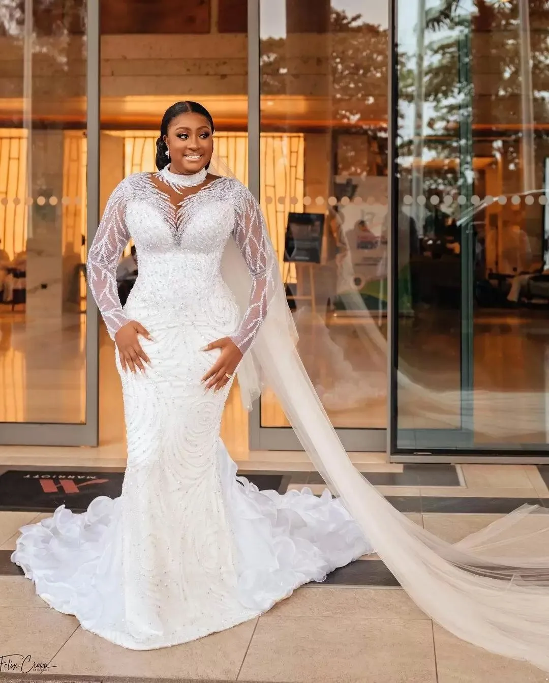 Plus taille arabe aso ebi sheer cou sirène robe de mariée à manches longues sexy robes de mariée