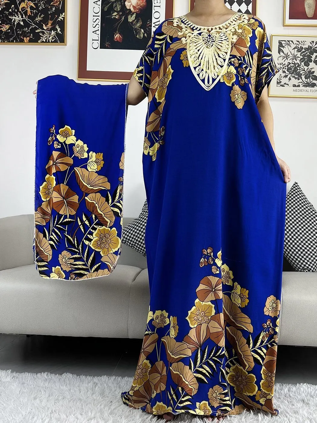 Ubranie etniczne Afrykańskie ubrania ABAYA dla kobiet kwiatowy druk dashiki krótki rękaw swobodny szata z głową Maxi Long Dress Vestidos 230425