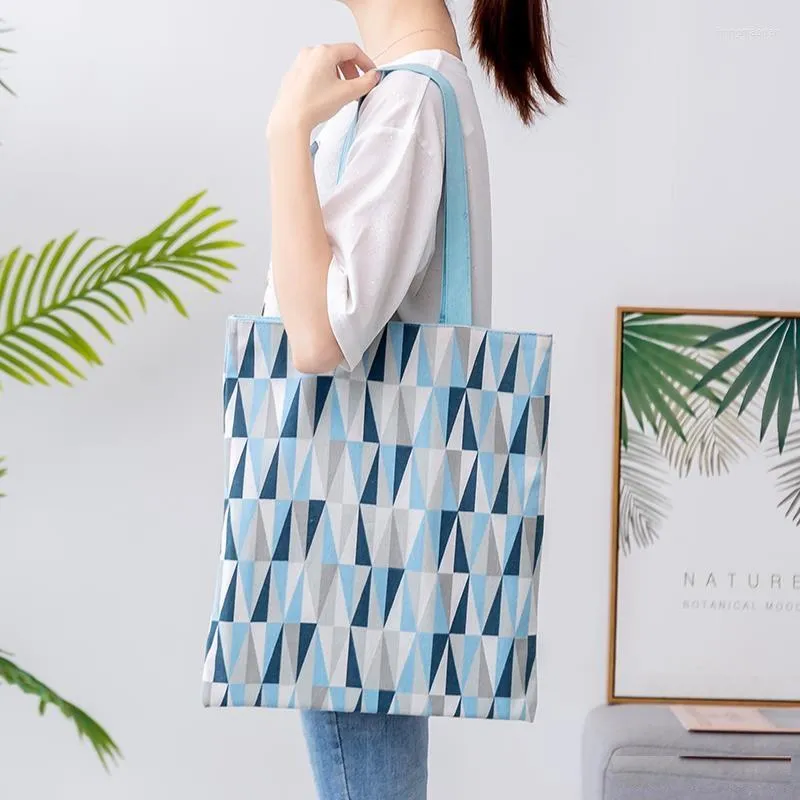 Storage Bags Geometric Canvas Cloth Totes Fabric Shoulder Double-sided Cotton Linen Pocket Handbag Eco-Friendly Shopping Bag For Woman