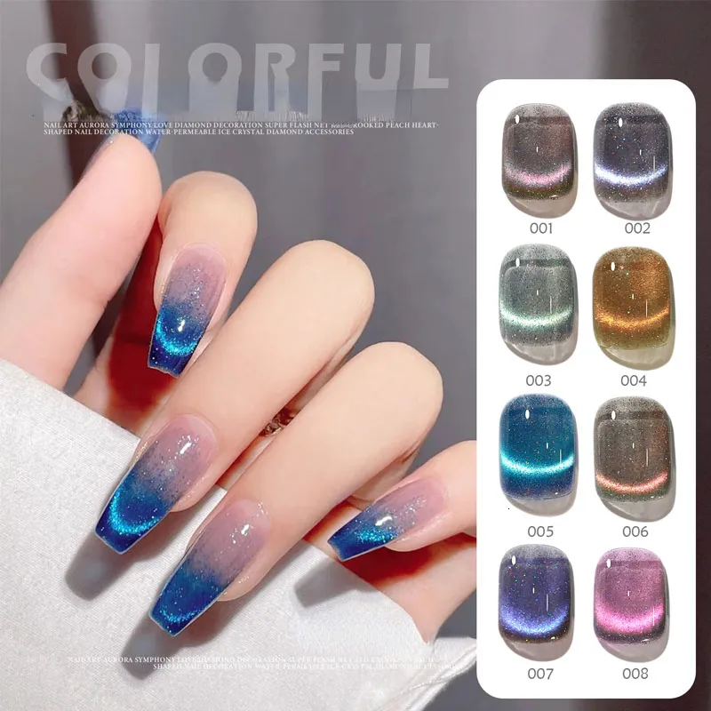 Unhas postiças cristal azul olho de gato arco-íris gel magnético cola variedade arte verniz brilhante uv para design 230425