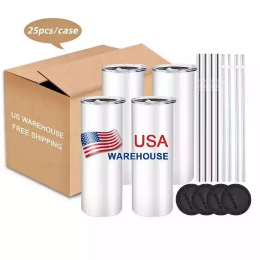 US Stock 25pc / Carton en acier inoxydable Gipleurs isolés 20oz tasse blanche vide consécutive avec couvercle Tasses de sublimation de café de paille de couvercle