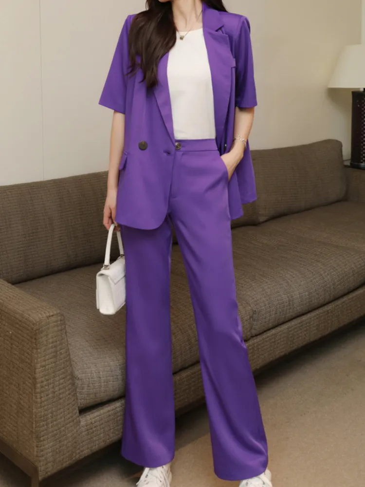 Damespakken Blazers Dames Summer Fashion Koreaans blazer broekpak Purple Elegant Jacketpants 2 -delige set vrouwelijke formele zakelijke broeken pak 230426