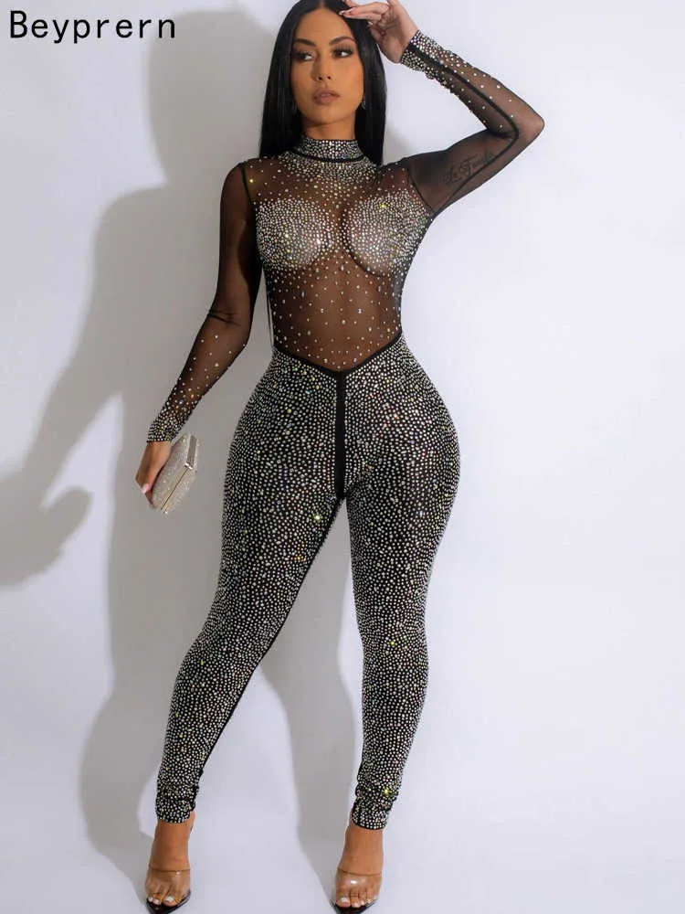 Damen Jumpsuits Strampler Beyprern Sparkle Mock Neck Schwarze Strass Mesh Jumpsuits New Chic Sheer Mesh Back Zipper Pailletten Strampler Nachtclub Outfits J230424