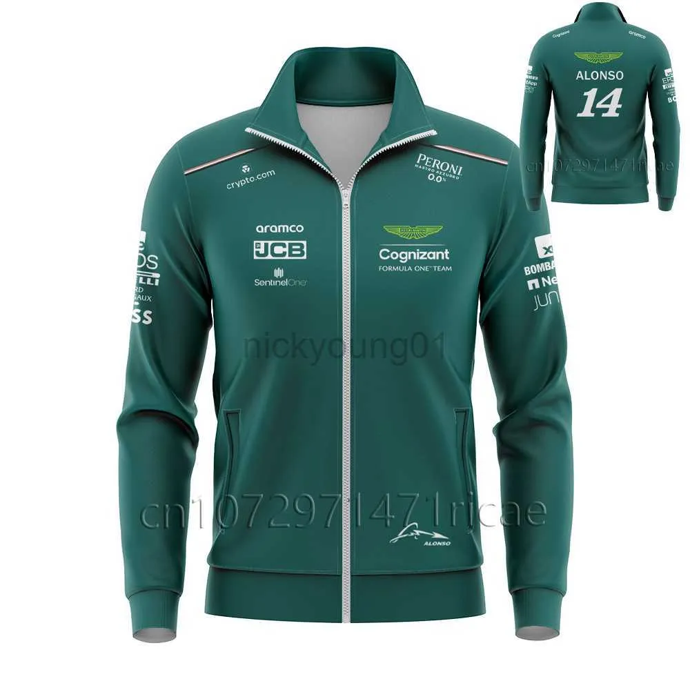 Мужские толстовки с капюшоном 2023 Aston Martin F1 Куртка Alonso Jersey Uniform Свободное пальто Гоночный костюм Formula 1 и женская одежда для фанатов Топы MOTO Jack Y23