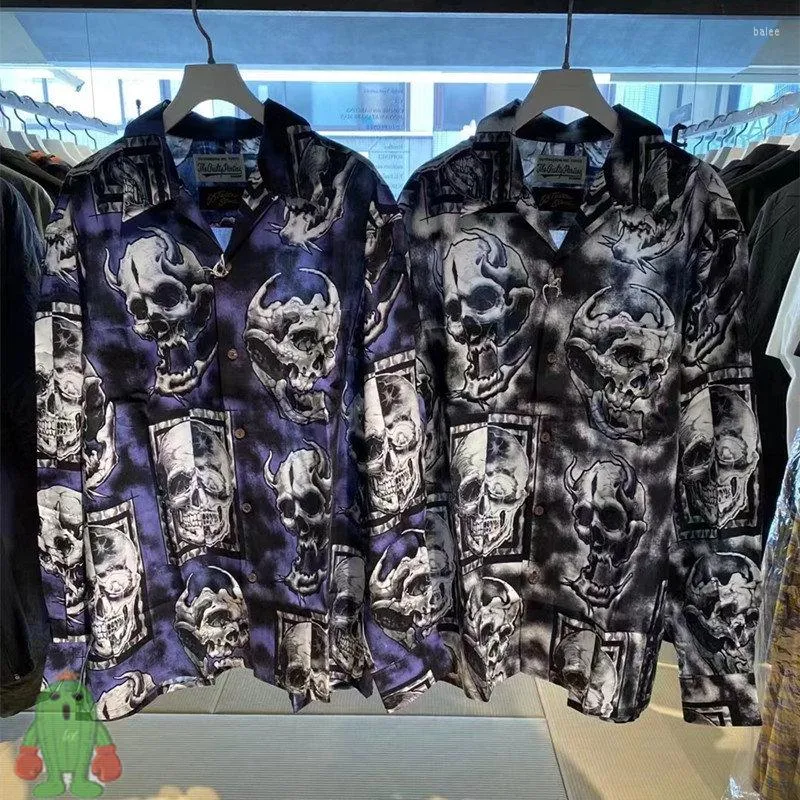 Men's Casual Shirts High Quality Full Print WACKO MARIA Skull Tattoo Hawaiian Long Sleeve Oversize Hip Hop Men Couple