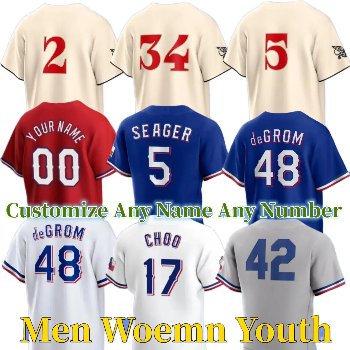 Maillot de Baseball City Connect, Jacob Degrom, Corey Seager, Marcus Semien, Josh Smith, Kole Calhoun, Nolan, Ryan Jon, 2023