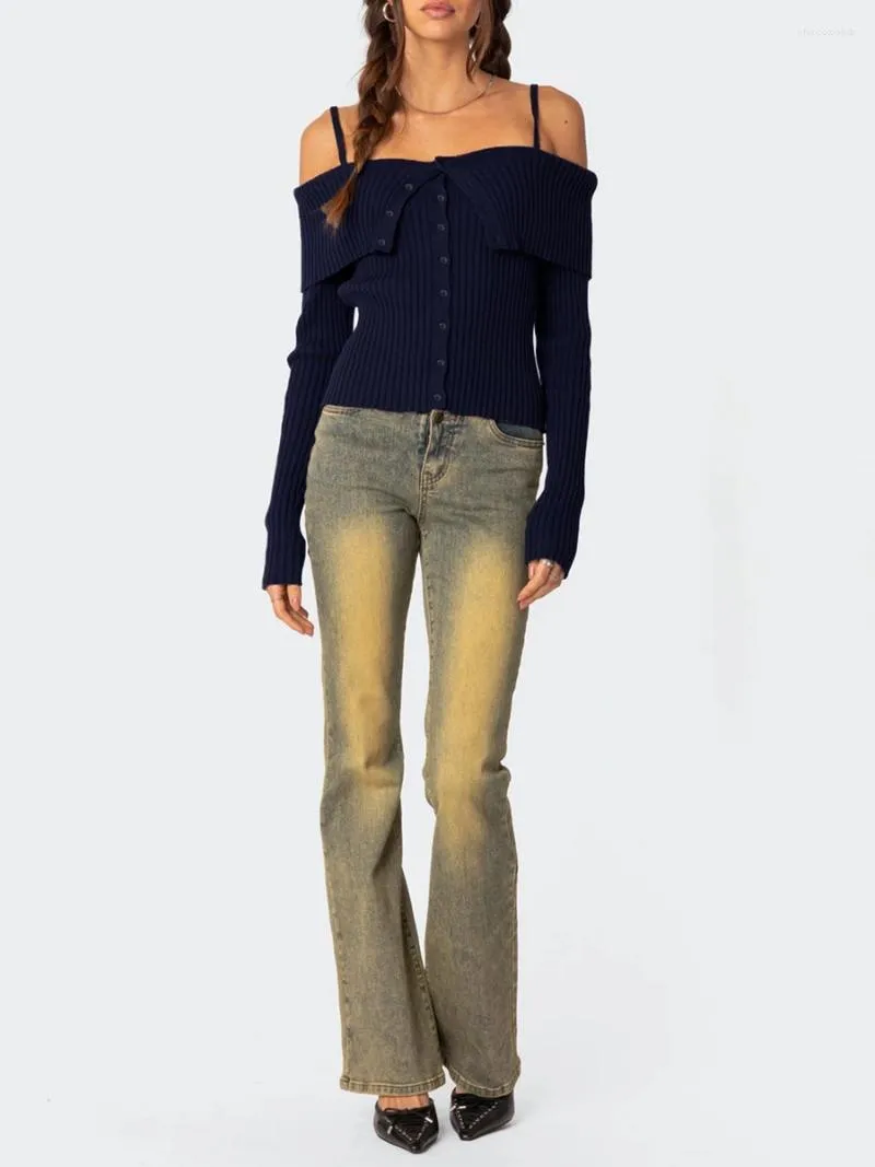 Pullages pour femmes femmes Y2k Off épaule tricot en tricot à manches longues à manches longues slim ajustement 2023 Vêtements d'automne qui sortent