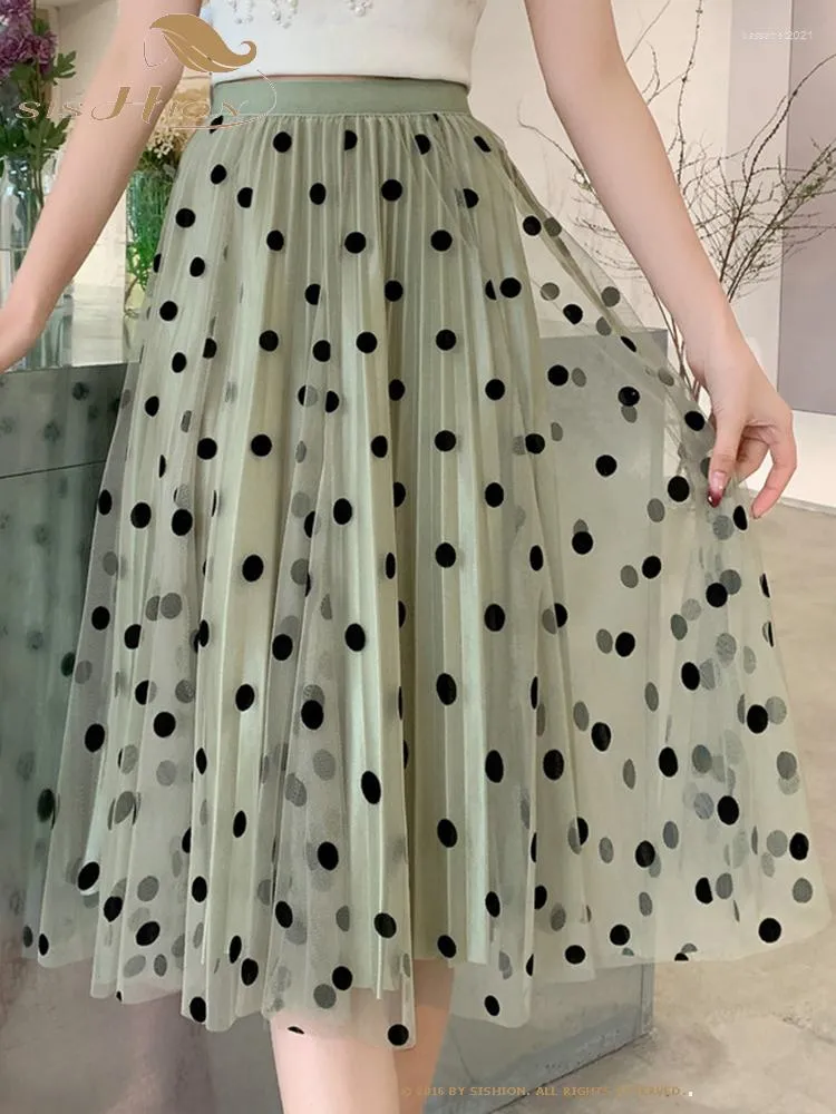Skirts Sishion Summer Fashion Women Mesh Tulle VD4019 POLKA DOTS BLACK GREENアプリコットミディプリーツスカート
