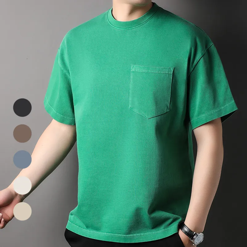 Men's T-Shirts Heavyweight Men's T-Shirt Relaxed Fit Oversized Tees For Men With Front Pocket 100% Cotton Hip Hop Crew Neck Summer Tops Green 230426