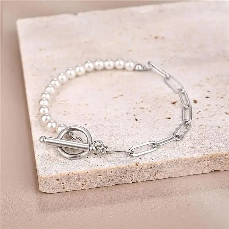 Charm Bracelets Silver Color Gold Sterling Cut Figaro Link Chain And Imitation Pearls Bracelet With OT Toggle Clasp Fashion Jewelry Bangle