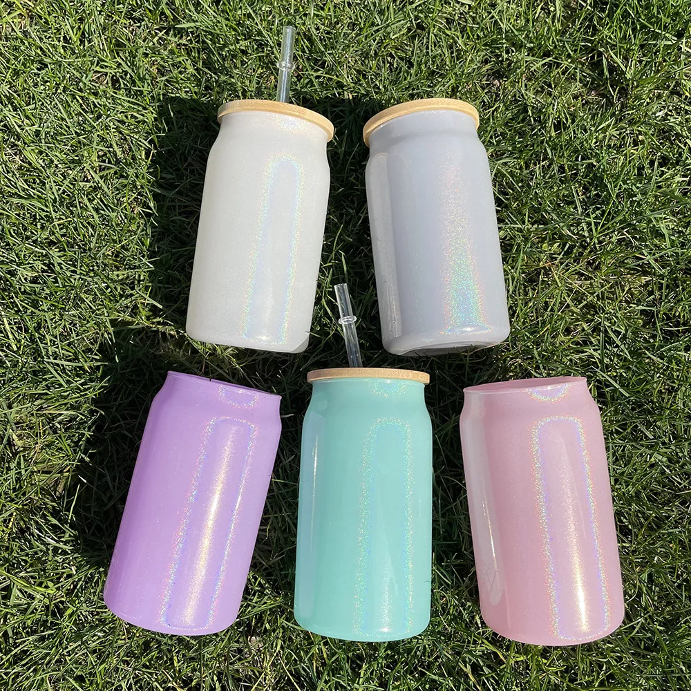 15oz Sublimation Glitter Glass Jar Shimmer Beer Mugs Can Shaped