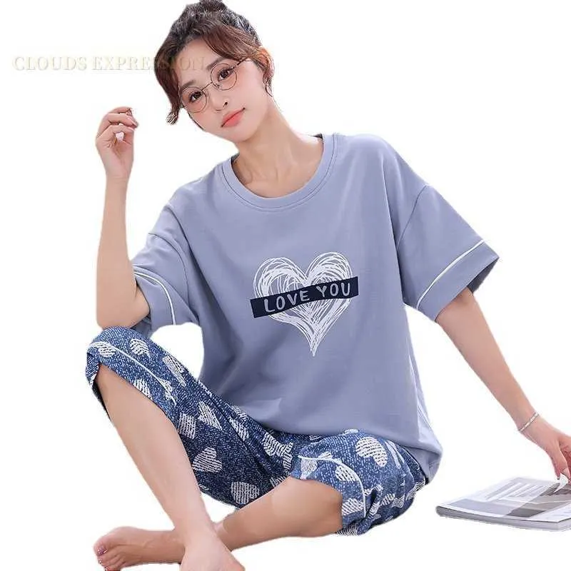 Abbigliamento da donna Sleep Summer Knitted Cotton Carunone Pigiamas Set Women Soljamas Sleep abbigliamento da notte Pijama Jer Jer Plus size Calfleg Pants Homewear