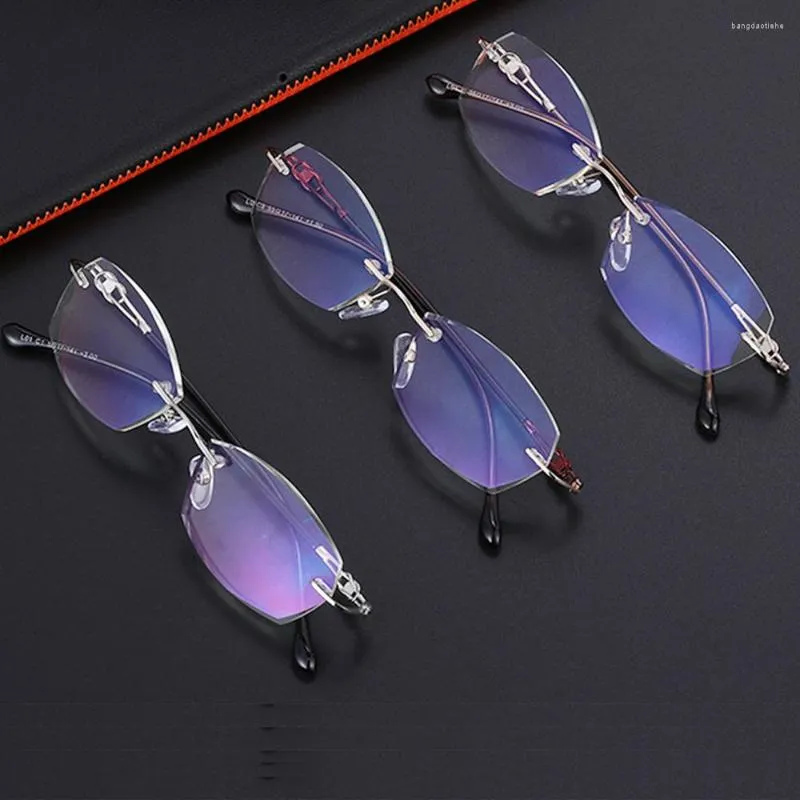 Solglasögon TR90woman Rimless Reading Glasses Reader Eyewear Diamond Cut Glassest Anti-Blue Light Geryeglass High Quality