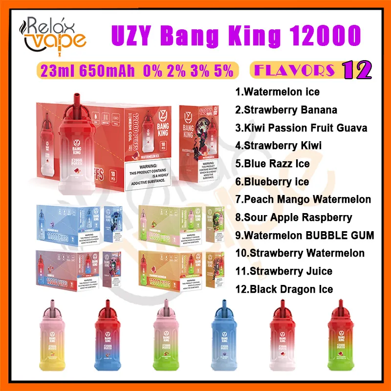 Oryginalny Uzy Bang King 12000 Puff Ujeżdżalne Vapes Pokrywa 12k 0% 2% 3% 5% Poziom Vape 650MAH Cewka siatki 23 ml Wstępnie wypełnione papierosy 12 Smaki vs Bang King