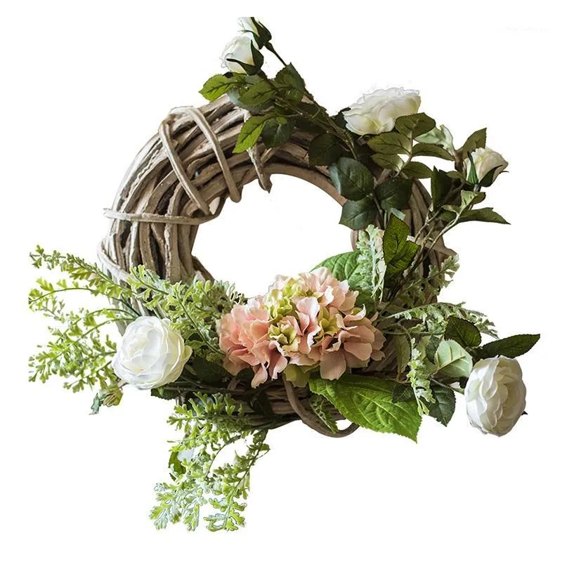 Fleurs décoratives guirlande de noël porte décorations murales cercle en osier guirlande soie rose hortensia artificielle pour mariage maison party1