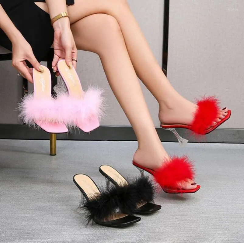 Dress Shoes Women Pumps Summer Square Toe Transparent Heel Feather Thin Heals Sandals Female Casual High-Heeled Slippers