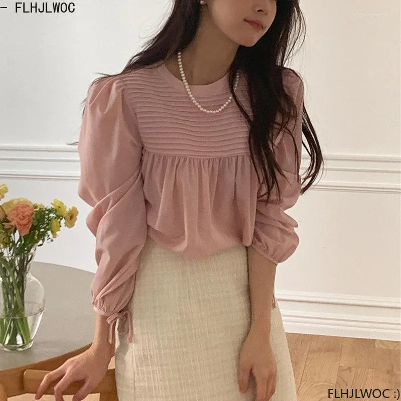 Women s Blouses Chic Korea Tops Blusas Women 2023 Spring Cute Japan Girls Solid Color White A Line Belly Peplum Pink Shirts