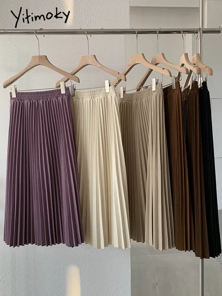 スカートYitimoky Luxury Long Pleated Skirts for Women Spring Elegant Office Ladies Chic Elastic Band Fashion a Line Midi Skirt 230425