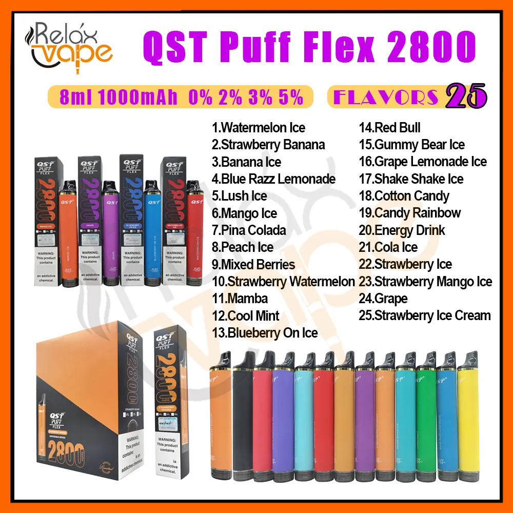 Oryginalne QST Puff Flex 2800 Puffs 2K Dorodble Vapes 25 Smaki E Zestawy papierosów 1000 mAh Cewka zabezpieczająca akumulator Wstępnie wypełniona 8 ml Vaporyzator Vaper 3K ELF Stock