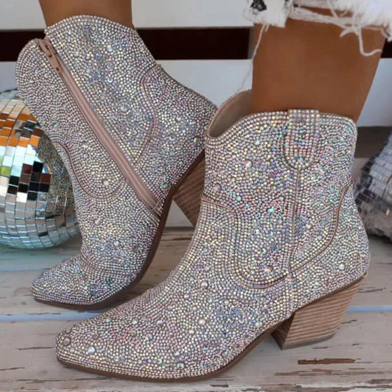 Rhinestone Western 265 Women Chunky Heel Party Ankle Boots Anti-slip High Heels Hiking Shoes Botas Cowboy Mujer 231124 S