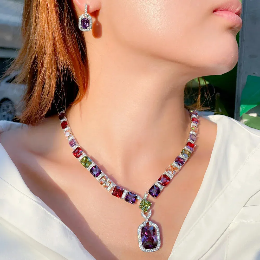 Beaded Necklaces CWWZircons Multi Color Purple Cubic Zirconia Big Square Drop Luxury Wedding Bridal Necklace Earrings Costume Jewelry Set T569 231124