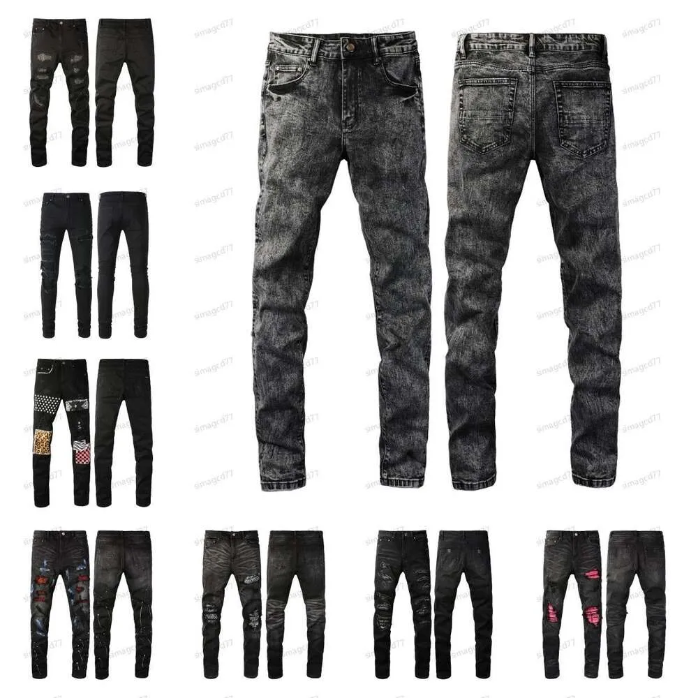 Designer Amirs Mens Mens Jeans High Street Roxo Jeans para Mens Calças Bordadas Mulheres Oversize Rasgado Remendo Buraco Denim Reto 5589