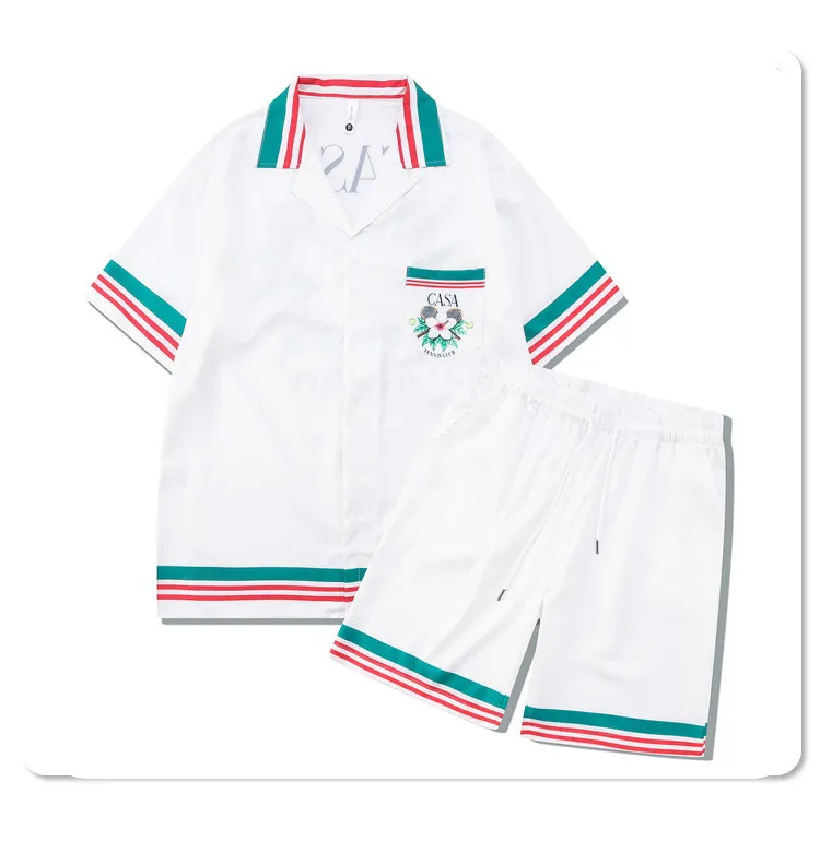 Herren Traursanzuiten 2023 Tennisblumen Streifen Männer Frauen Kurzer Set t Shrt Hawaii Beach Style Anzug Hüft -Hop -Hemd Shorts Paar Anzüge B7