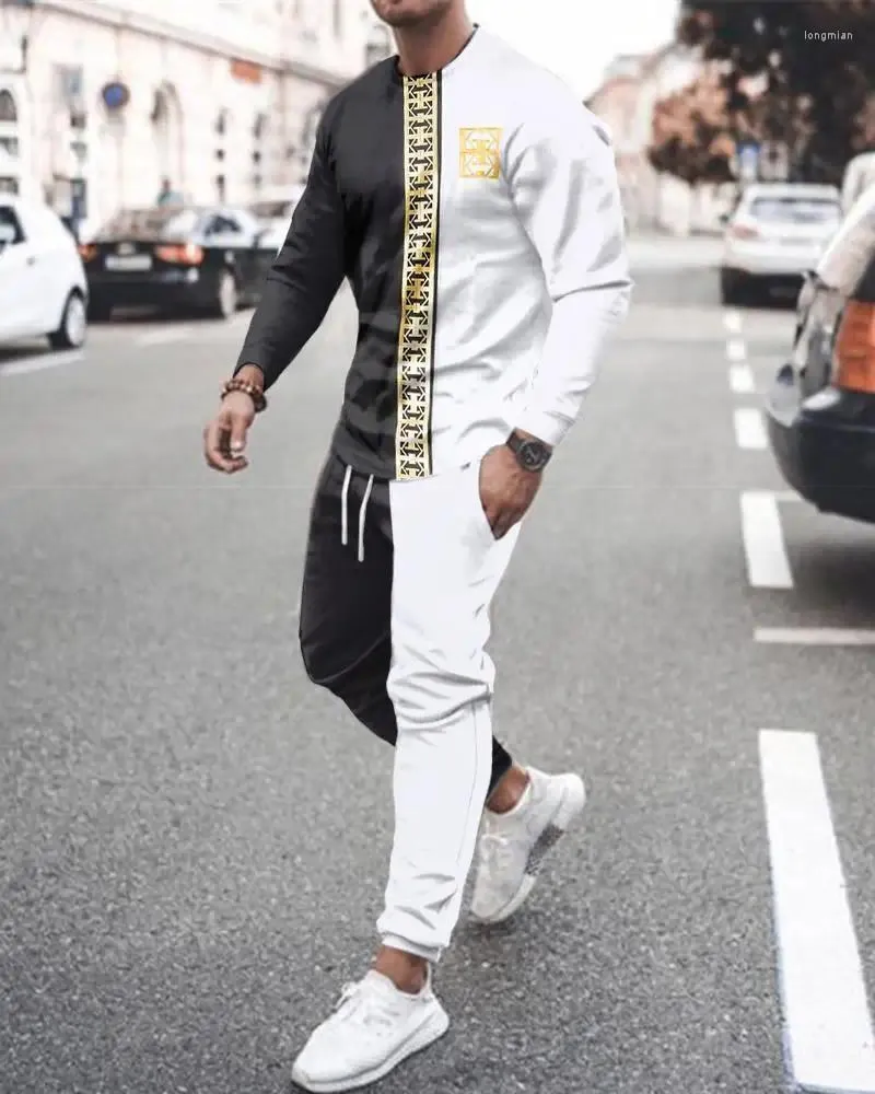 Men's Tracksuits Men Tracksuit Set Luxury Print Long Sleeve T Shirt Trousers 2 Piece White And Black Casual Suit Cool Streetwear Oversized