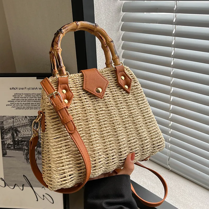 Save Big on Bulk Straw Rattan Handbags Chic Straw Handbags For Summer:  Woven Shoulder Bag With Bamboo Handle, Lightweight Beach Crossbody Bag For 