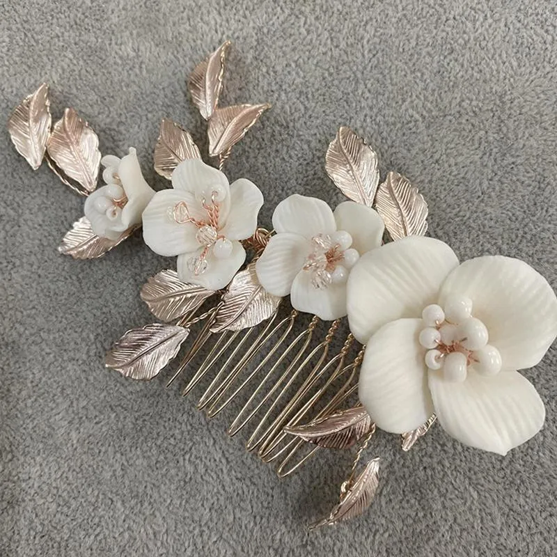 Hair Clips Bridal Wedding Combs White Ceramics Flower Hairpins Rose Gold Color Metal Leaves Headpieces Party Accessories