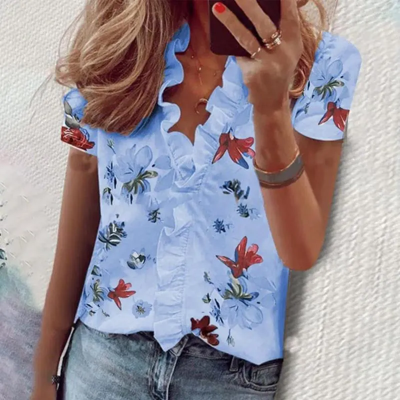 Women's Blouses Women Blouse Top V Neck Shirring Ruffle Edge Short Sleeves Flower Print Loose Pullover Soft Lady Dating Party Shirt