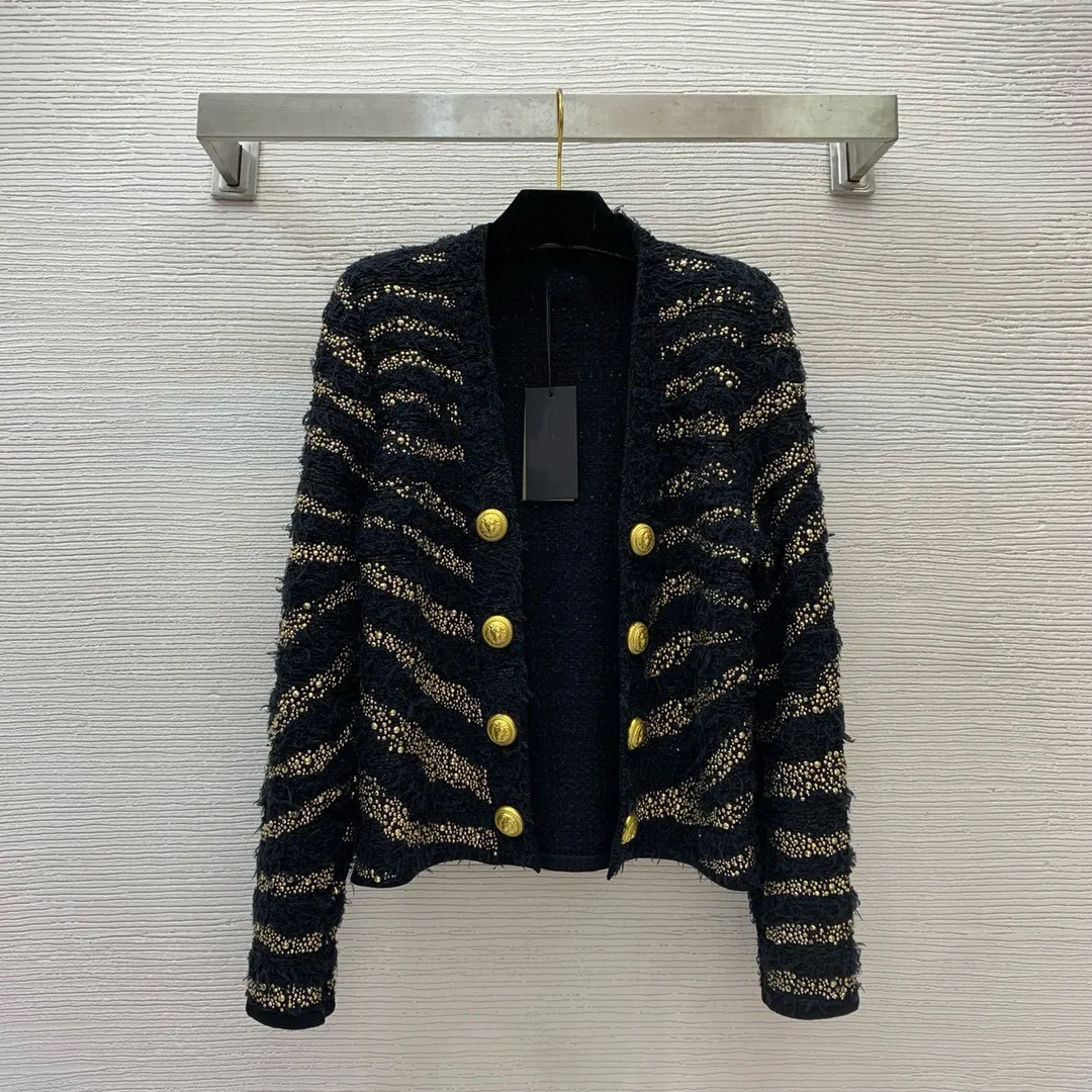 BA039 Vintage Pattern Striped Double Breasted Decoration Design Coat For Women Long Sleeve V neck Jacket New Autumn