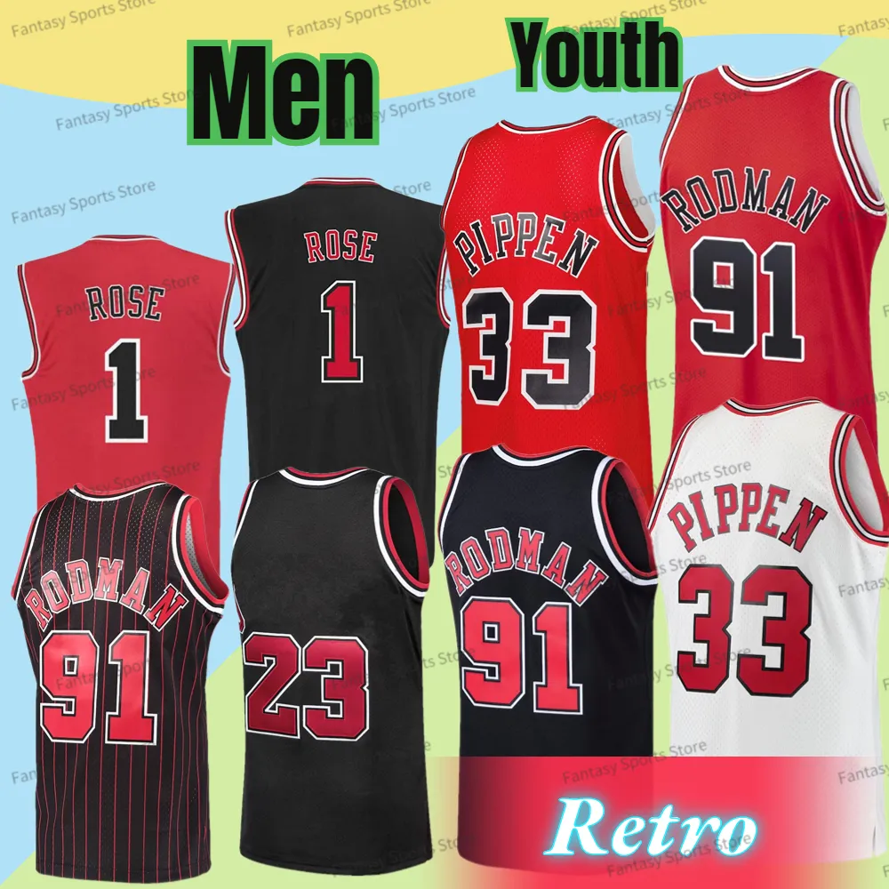 레트로 MN 농구 저지 1 데릭 로즈 91 데니스 로드먼 33 Scottie Pippen Red White Black Stripe Kids Mens 셔츠 스티치 빈티지