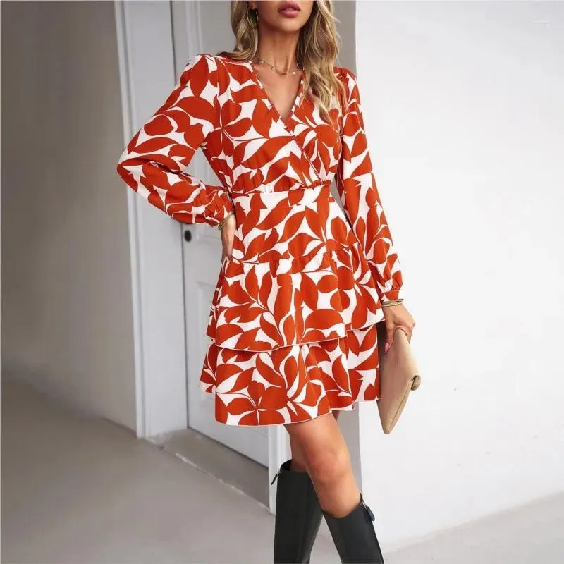 Casual Dresses Autumn and Winter Women's Printing V-Neck Dress Elegant Long Sleeve Layered Ruffle Edge Mini Vestidos