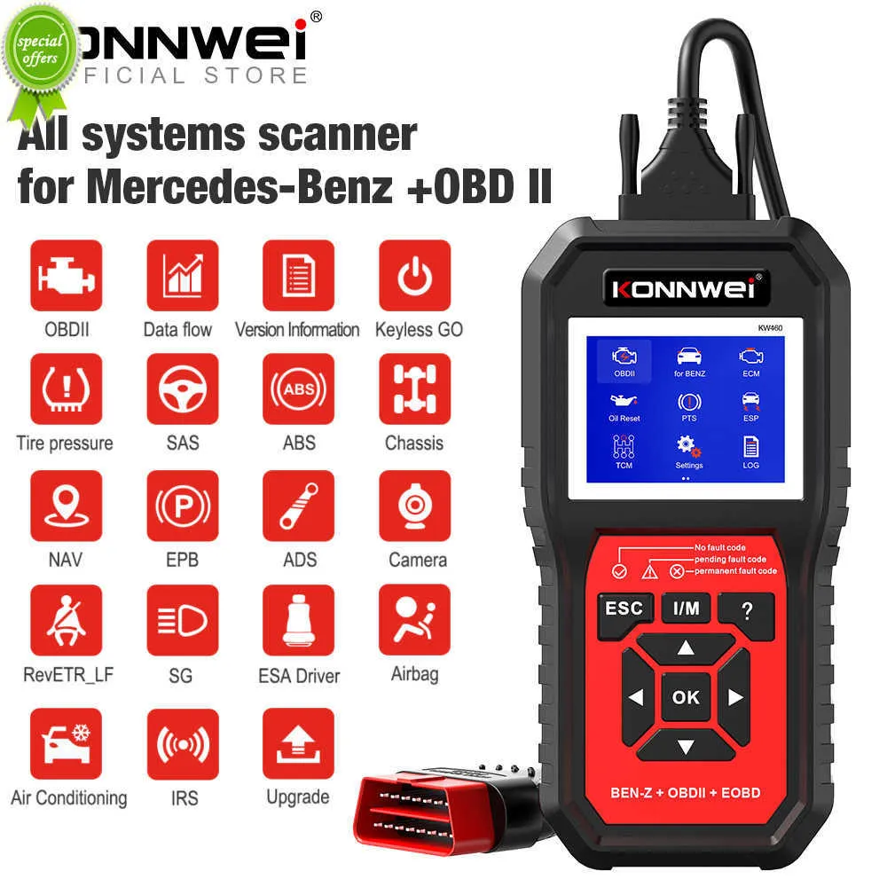 Konnwei KW460 OBD2 Mercedes-Benz abs abs airbag Oil abs epb dpf srs tpmsリセットフルシステム診断ツールW212 Benz