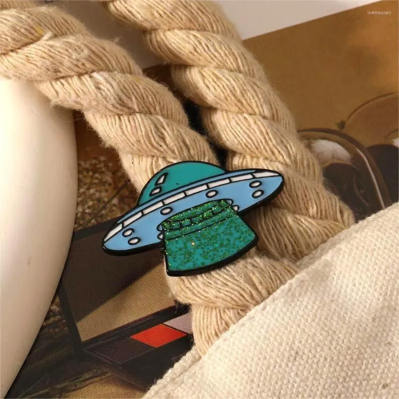 ブローチブルーグリーンエナメルスペースクラフト合金ピンUFOは、エイリアンの宇宙愛好家バッジのためのキラキラと