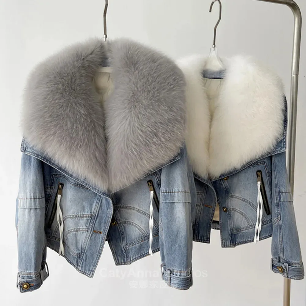 Women's Fur Faux European 2023 Winter Big Collar Denim Down Jacket Short Casual White Goose Warm Women Parka 231124